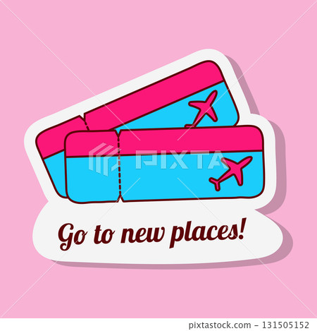 Two colourful vector travel tickets are stacked on top of each other. The tickets have airplane details and the text Go to new places is below. 131505152
