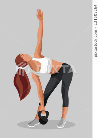 A faceless woman performs a kettlebell exercise, reaching high while bending sideways. She focuses on her fitness in a minimalistic studio. A faceless woman performs a kettlebell exercise, reaching high while bending sideways. She focuses on her fitness in a minimalistic studio. 131505164