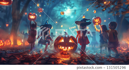 Happy kids at a Halloween pumpkin party background, Happy Halloween - Ai Generated 131505296