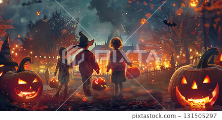 Happy kids at a Halloween pumpkin party background, Happy Halloween - Ai Generated 131505297