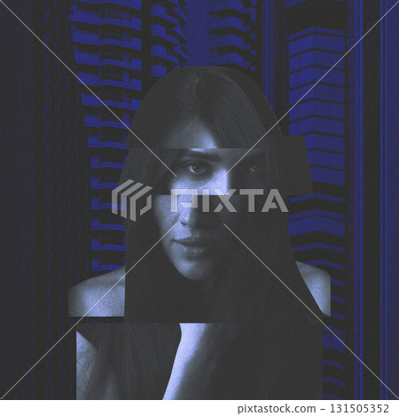 Abstract woman portrait in glitch style and surreal cityscape background Abstract woman portrait in glitch style and surreal cityscape background 131505352