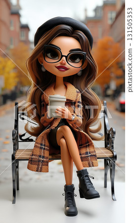 Chic cartoon woman in autumn outfit sipping coffee on a stylish city bench 131505353