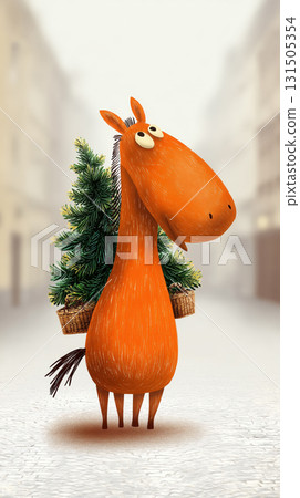 Cheerful orange horse with pine baskets, symbol of 2026 zodiac and holiday spirit Cheerful orange horse with pine baskets, symbol of 2026 zodiac and holiday spirit 131505354