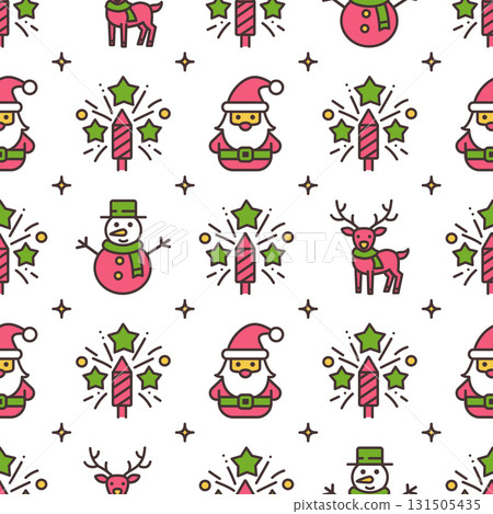 Christmas seamless vector pattern with Santa Claus, snowman, deer and fireworks on white background. Christmas seamless vector pattern with Santa Claus, snowman, deer and fireworks on white background. 131505435