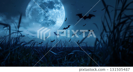 Scary Night with Moon and Bats in Air, Happy Halloween - Ai Generated Scary Night with Moon and Bats in Air, Happy Halloween - Ai Generated 131505487
