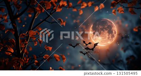 Scary Night with Moon and Bats in Air, Happy Halloween - Ai Generated 131505495