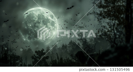 Scary Night with Moon and Bats in Air, Happy Halloween - Ai Generated 131505496