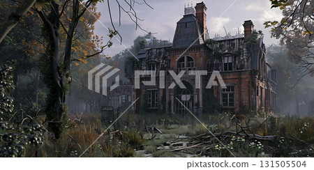 Old abandoned brick mansion among wild vegetation and old trees background, Happy Halloween - Ai Generated 131505504