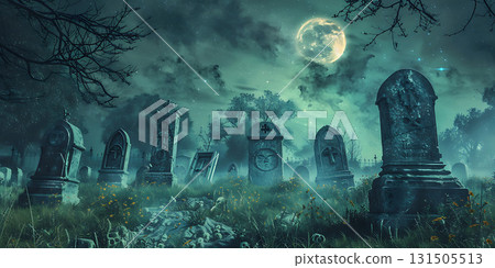 Spooky old gothic castle foggy night background, Happy Halloween - Ai Generated 131505513