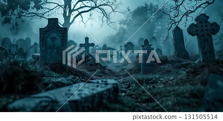 Spooky old gothic castle foggy night background, Happy Halloween - Ai Generated 131505514