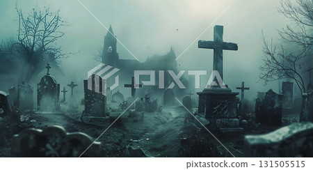 Spooky old gothic castle foggy night background, Happy Halloween - Ai Generated Spooky old gothic castle foggy night background, Happy Halloween - Ai Generated 131505515