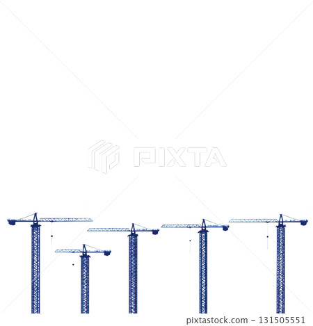 Five tall blue construction cranes stand in row against clear sky, symbolizing progress and development. cranes are aligned, showcasing their towering structures and intricate design 131505551