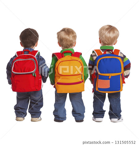 Three young children wearing colorful backpacks stand side by side, facing away. backpacks are red, yellow, and blue, and children are dressed in casual clothing, ready for school 131505552