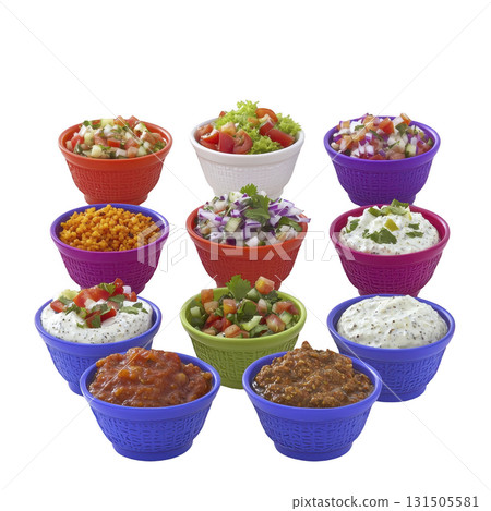 colorful assortment of various dips and salads in vibrant bowls, featuring fresh ingredients like tomatoes, cucumbers, and herbs, creating visually appealing and appetizing display colorful assortment of various dips and salads in vibrant bowls, featuring fresh ingredients like tomatoes, cucumbers, and herbs, creating visually appealing and appetizing display 131505581