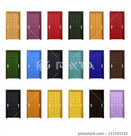collection of colorful doors in various shades, including red, blue, green, and purple, arranged in grid pattern. Each door features classic panel design and silver handle collection of colorful doors in various shades, including red, blue, green, and purple, arranged in grid pattern. Each door features classic panel design and silver handle 131505582