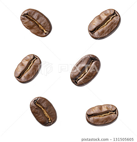 Roasted coffee beans are scattered against transparency background, showcasing their rich brown color and textured surface. beans are arranged random pattern, highlighting their natural shape Roasted coffee beans are scattered against transparency background, showcasing their rich brown color and textured surface. beans are arranged random pattern, highlighting their natural shape 131505605