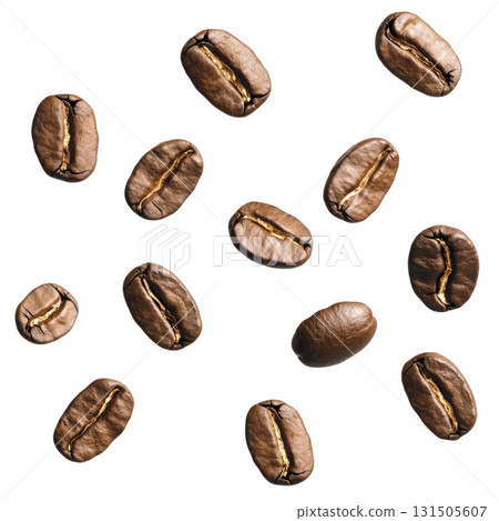 Roasted coffee beans scattered on transparency background, showcasing their rich brown color and textured surface. beans are arranged in random pattern, highlighting their natural variations 131505607