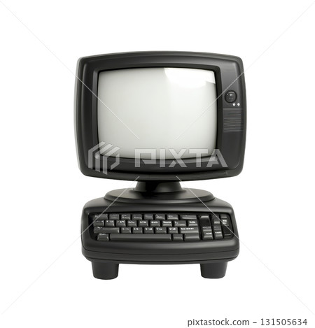 vintage black computer with CRT monitor and keyboard evokes nostalgia and retro technology. classic design highlights evolution of computers over decades 131505634