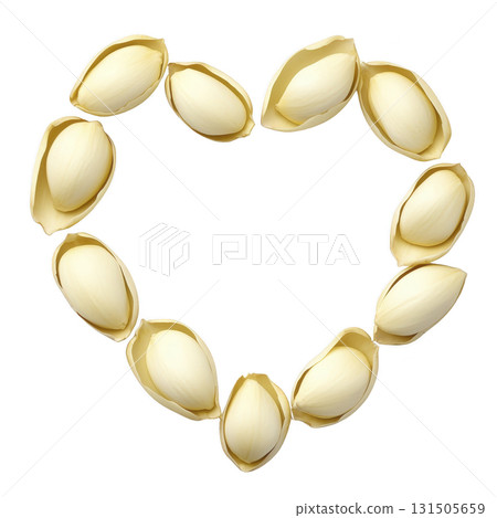 Heart shaped arrangement of pistachios with shells, symbolizing love and health. nuts are neatly aligned, creating visually appealing and symmetrical design on transparency background Heart shaped arrangement of pistachios with shells, symbolizing love and health. nuts are neatly aligned, creating visually appealing and symmetrical design on transparency background 131505659