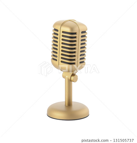 vintage style gold microphone with classic design, featuring sturdy stand and retro grille, evokes sense of nostalgia and elegance, perfect for broadcasting or musical performances 131505737