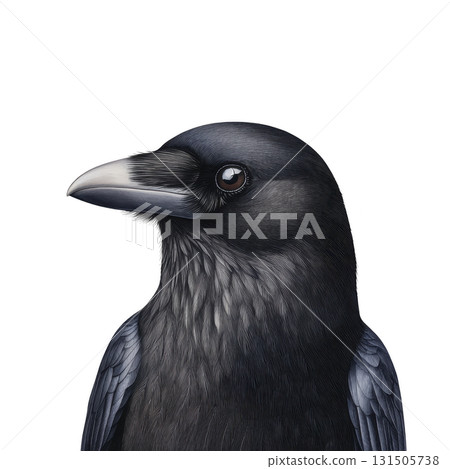 detailed illustration of raven showcases its glossy black feathers and sharp beak, capturing bird intelligent and mysterious nature. artwork highlights intricate textures and subtle color 131505738