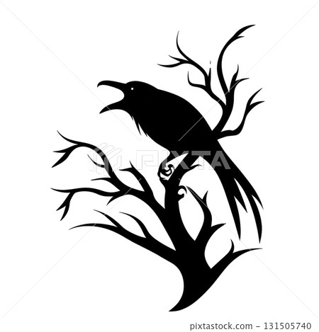 silhouette of bird perched on tree branch, with intricate details of branches and bird feathers, creating mysterious and artistic effect 131505740