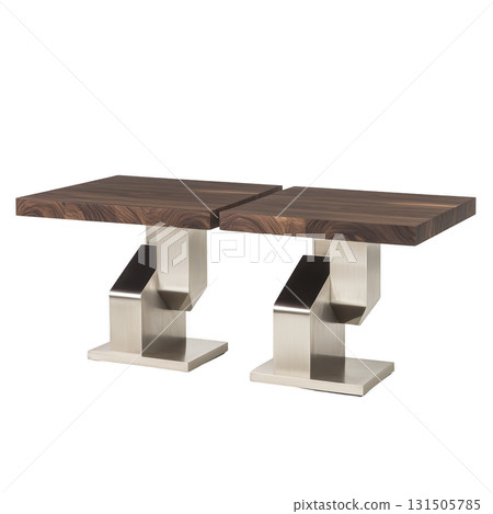 Two modern wooden tables with sleek metal bases are displayed side by side, showcasing contemporary design. tables feature rectangular wooden tops with rich, dark finish, supported by geometric 131505785