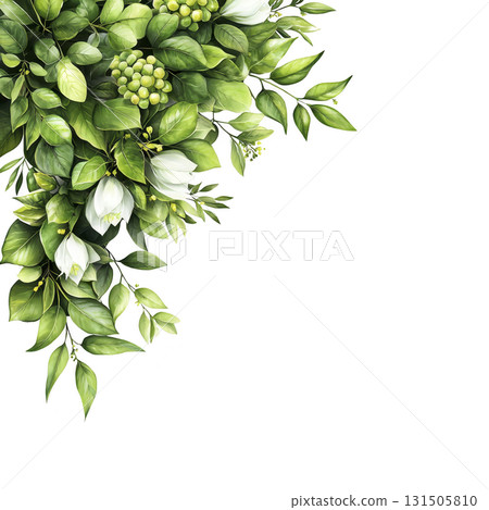 lush arrangement of green leaves and white flowers creates vibrant and fresh botanical display. composition is rich in texture and color, evoking sense of natural beauty and tranquility lush arrangement of green leaves and white flowers creates vibrant and fresh botanical display. composition is rich in texture and color, evoking sense of natural beauty and tranquility 131505810