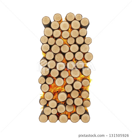 stack of neatly arranged wooden logs with visible cut ends is surrounded by bright, fiery flames, creating striking contrast. image evokes warmth and energy 131505926