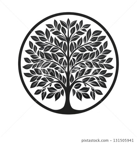 detailed black tree silhouette with abundant leaves is enclosed within circular frame, creating harmonious and balanced design. intricate leaf pattern adds elegance to overall image 131505941
