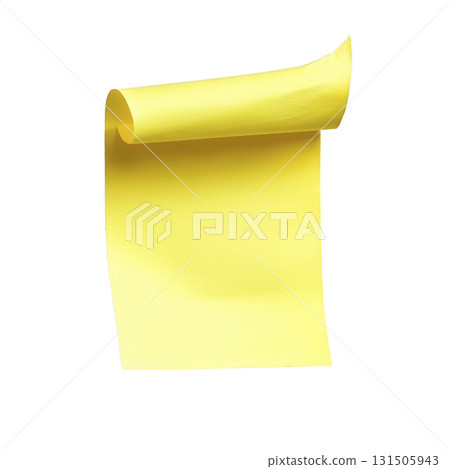 single yellow sticky note with curled edge is isolated on transparency background, showcasing its vibrant color and texture 131505943