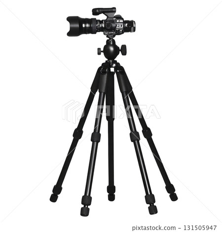 professional camera mounted on sturdy tripod, ideal for capturing high quality images and videos with stability and precision. setup is perfect for photographers and videographers 131505947