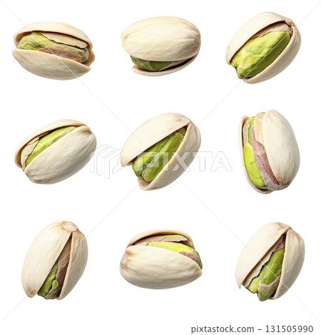 Nine pistachios are arranged grid pattern against transparency background, showcasing their green kernels partially visible through open shells. composition highlights natural texture and color 131505990