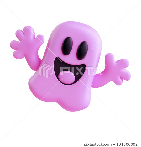 cheerful pink cartoon ghost with wide smile and outstretched arms, featuring black eyes and mouth, exudes playful and friendly vibe 131506002