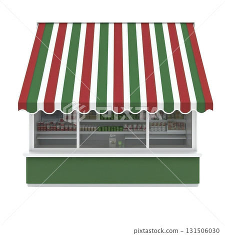 small market stall with red, white, and green striped awning displays various packaged goods. stall has simple design, evoking traditional and inviting atmosphere small market stall with red, white, and green striped awning displays various packaged goods. stall has simple design, evoking traditional and inviting atmosphere 131506030