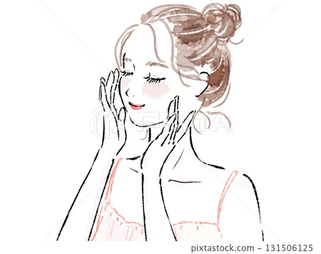 一位女士用護膚品觸摸臉頰並閉上眼睛 一位女士用護膚品觸摸臉頰並閉上眼睛 131506125