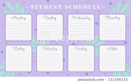 Vector student schedule template in delicate retro palette. Timetable design, weekly lesson planner with lilac background, flowers and leaves 131506135