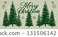 Pattern for Christmas design with the words "Merry Christmas" written in cursive. Green Christmas trees on a linen background.  Seamless design for fabric or wrapping paper. 131506142