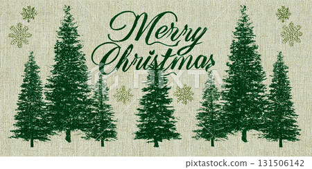 Pattern for Christmas design with the words "Merry Christmas" written in cursive. Green Christmas trees on a linen background.  Seamless design for fabric or wrapping paper. 131506142