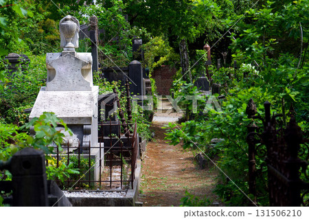 Crucifix on grave at an abandoned Dieweg cemetery overtaken by nature in Brussels, Belgium, sunny day 131506210