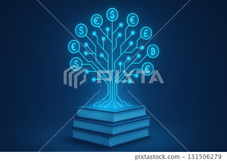 Glowing digital tree with currency symbols grows from stack of books, symbolizing financial growth and knowledge in futuristic business concept on deep blue background Glowing digital tree with currency symbols grows from stack of books, symbolizing financial growth and knowledge in futuristic business concept on deep blue background 131506279