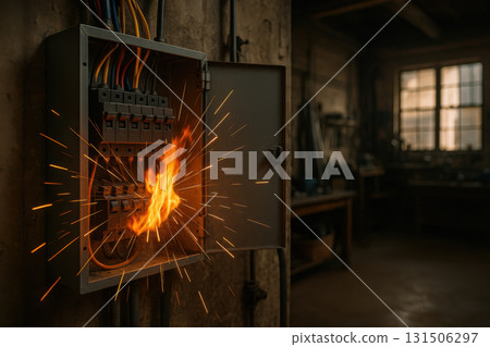 Electrical panel sparking with fire hazard inside industrial workshop, showing dangerous malfunction and high risk of electrical fire in dimly lit environment Electrical panel sparking with fire hazard inside industrial workshop, showing dangerous malfunction and high risk of electrical fire in dimly lit environment 131506297