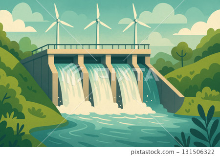 Hydroelectric dam with flowing water and wind turbines in green landscape, symbolizing renewable energy and environmental sustainability efforts Hydroelectric dam with flowing water and wind turbines in green landscape, symbolizing renewable energy and environmental sustainability efforts 131506322