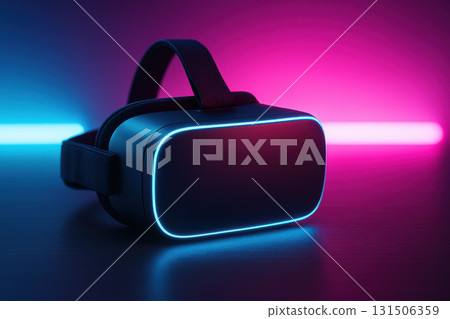 Virtual reality headset with glowing neon light on dark surface, futuristic technology device for immersive gaming and digital experience in vibrant blue and pink colors Virtual reality headset with glowing neon light on dark surface, futuristic technology device for immersive gaming and digital experience in vibrant blue and pink colors 131506359