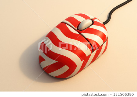 3D Computer mouse with red and white candy cane stripes design on light surface, featuring wired connection and smooth ergonomic shape, evoking festive and playful emotions 131506390