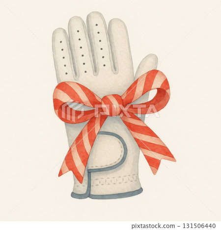 Watercolor golf glove with red striped candy cane bow tied around wrist, festive sporty accessory with soft texture and holiday charm Watercolor golf glove with red striped candy cane bow tied around wrist, festive sporty accessory with soft texture and holiday charm 131506440