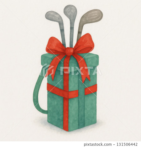Watercolor golf bag gift with red bow, green present box and golf clubs, joyful holiday present for golfer with festive ribbon and sporty theme Watercolor golf bag gift with red bow, green present box and golf clubs, joyful holiday present for golfer with festive ribbon and sporty theme 131506442