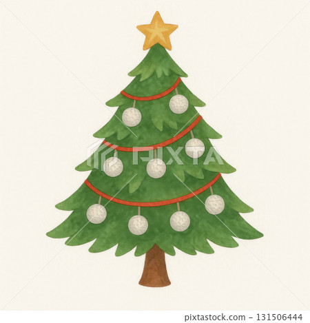 Watercolor Christmas tree with star topper and golf ball ornaments hanging on red garland evoking playful holiday sports cheer Watercolor Christmas tree with star topper and golf ball ornaments hanging on red garland evoking playful holiday sports cheer 131506444