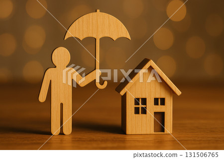 Wooden human figure holding umbrella over wooden house miniature symbolizing protection and safety with warm bokeh background creating comforting and secure atmosphere Wooden human figure holding umbrella over wooden house miniature symbolizing protection and safety with warm bokeh background creating comforting and secure atmosphere 131506765