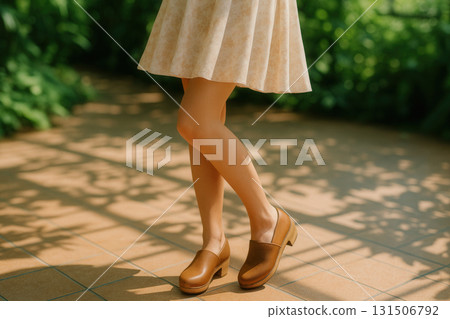 Womans Legs in Brown Clogs and Light Dress in Sunlit Garden 131506792